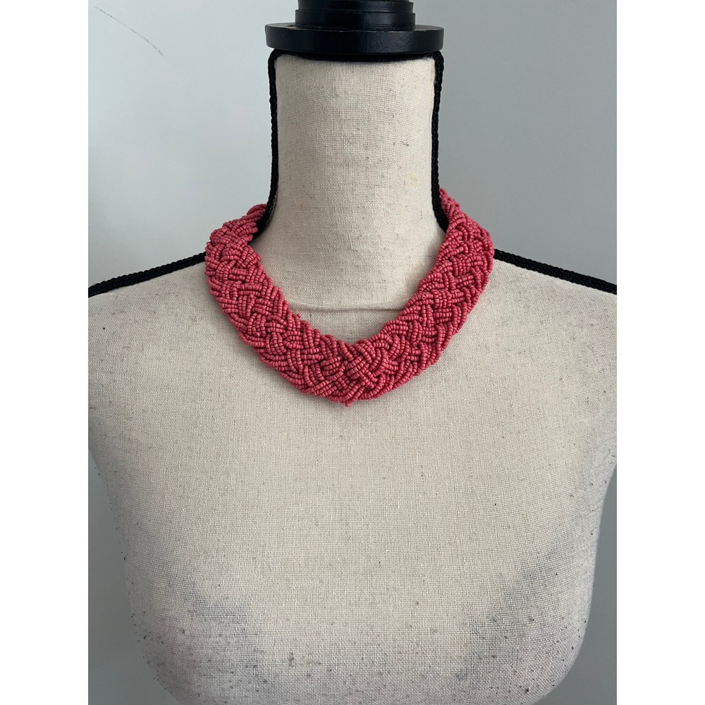 Pink Braided Seed Bead Statement Necklace Chunky Boho Multi Strand Maximalist‎